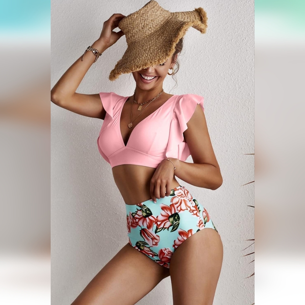 *NEW*SPORLIKE Women Ruffle High Waist Swimsuit Two Pieces Tropical Print X LARGE